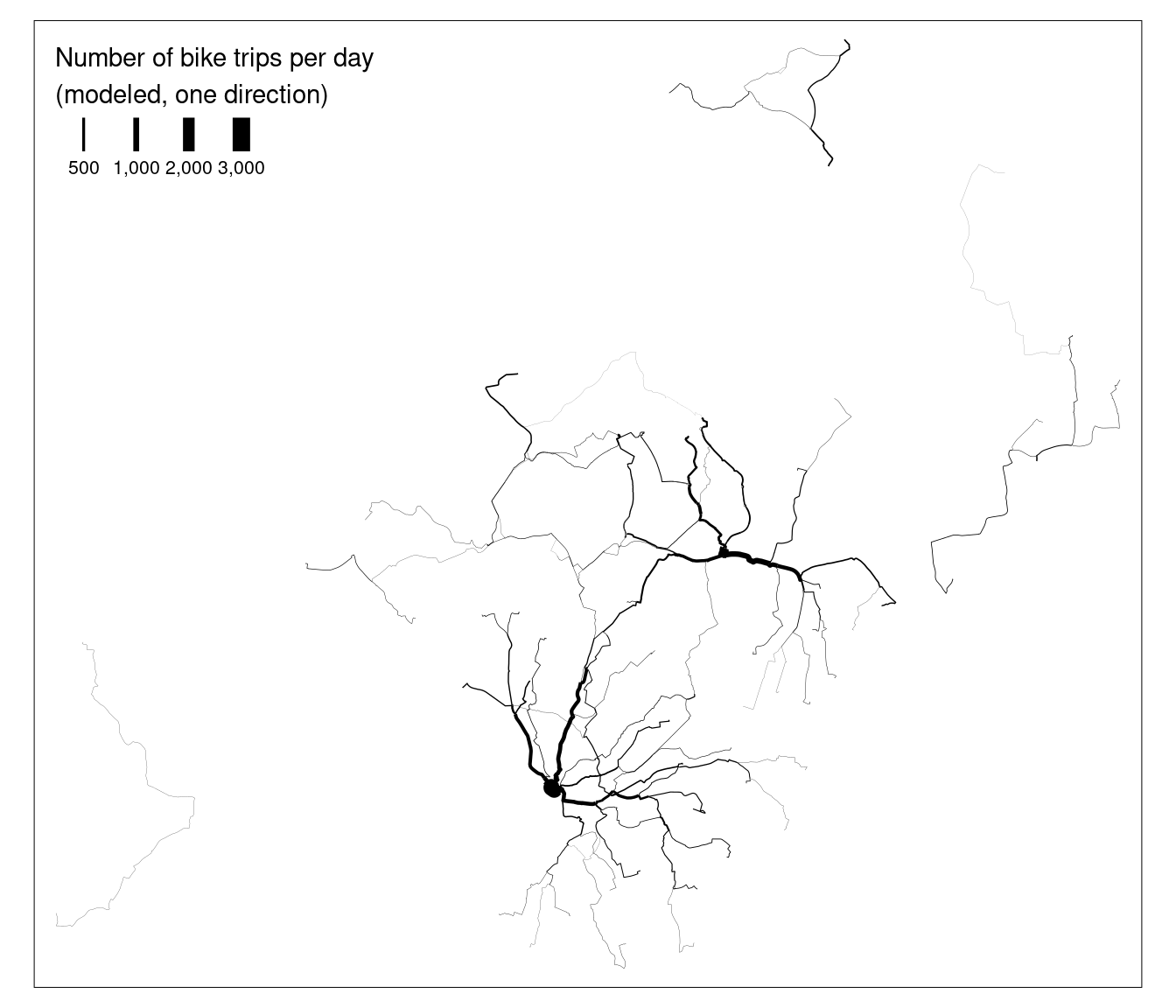 Illustration of the percentage of car trips switching to cycling as a function of distance (left) and route network level results of this function (right).