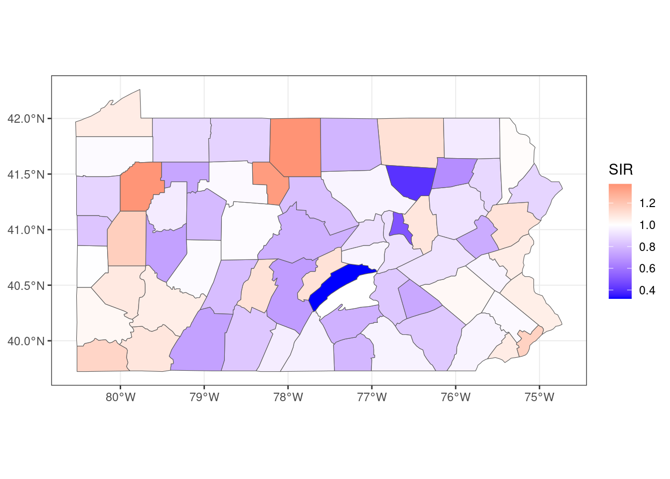 SIR of lung cancer in Pennsylvania counties