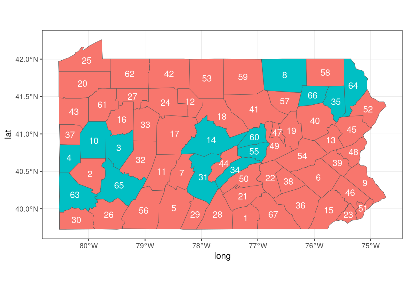 Neighbors of areas 2, 44 and 58 of Pennsylvania