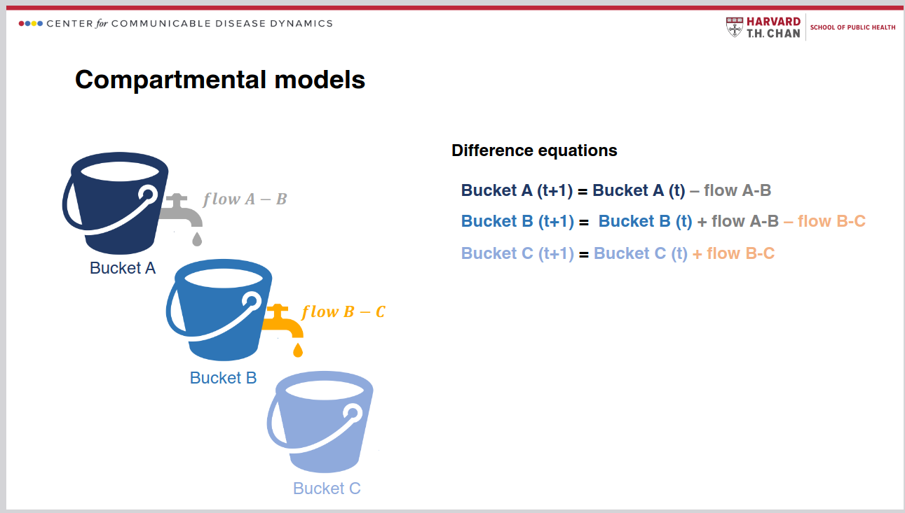 Analogy of compartmental modelling using flow of water through buckets, KO Roster 2024