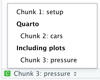 Snippet of RStudio IDE showing only the drop-down code navigator
which shows three chunks. Chunk 1 is setup. Chunk 2 is cars and
it is in a section called Quarto. Chunk 3 is pressure and it is in
a section called Including plots.