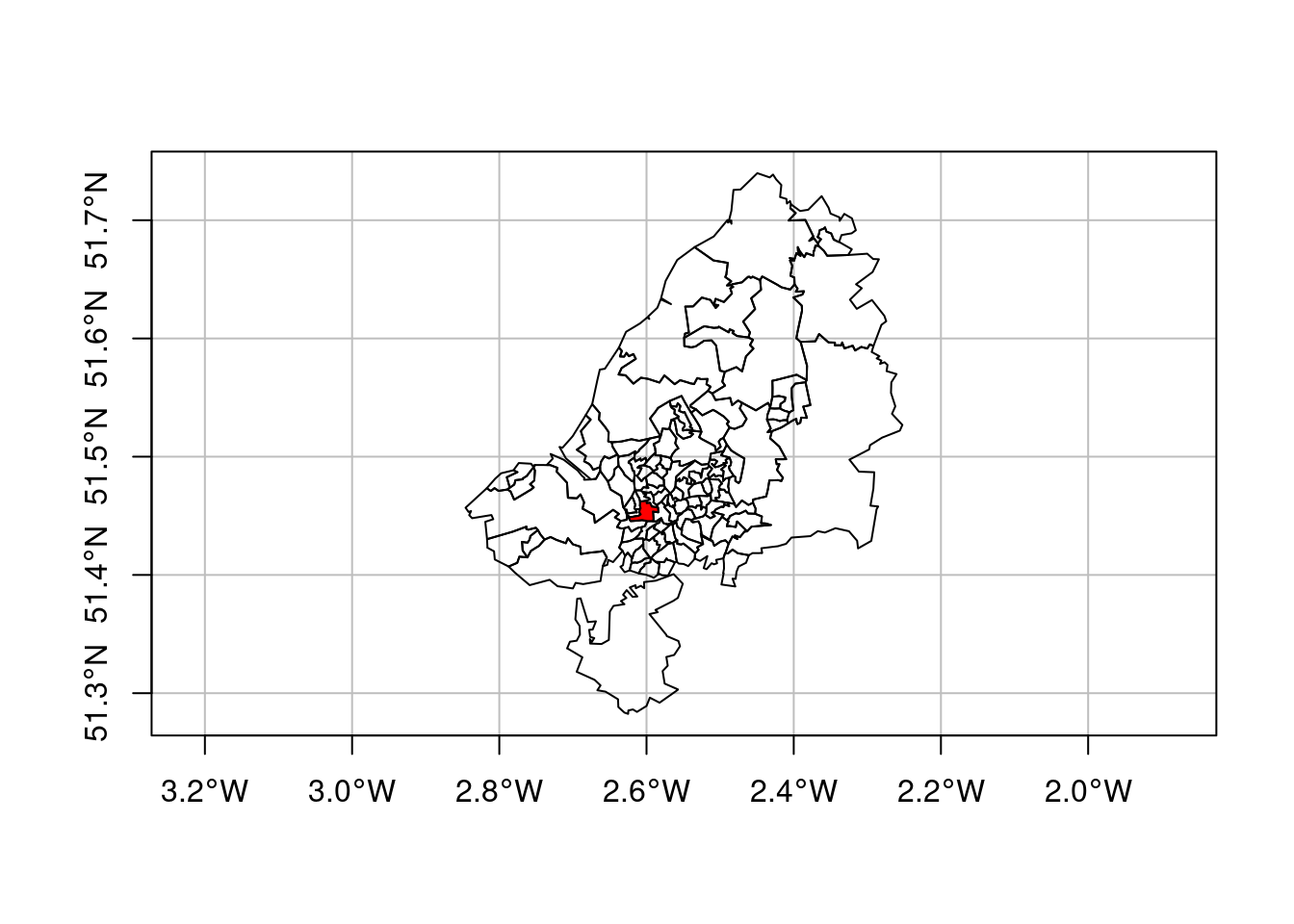 Origin destination data zones for Bristol, UK, with zone 33 (E02003043) coloured red