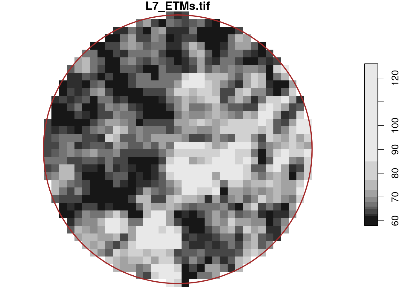 Circular centre region of the Landsat 7 scene (band 1)