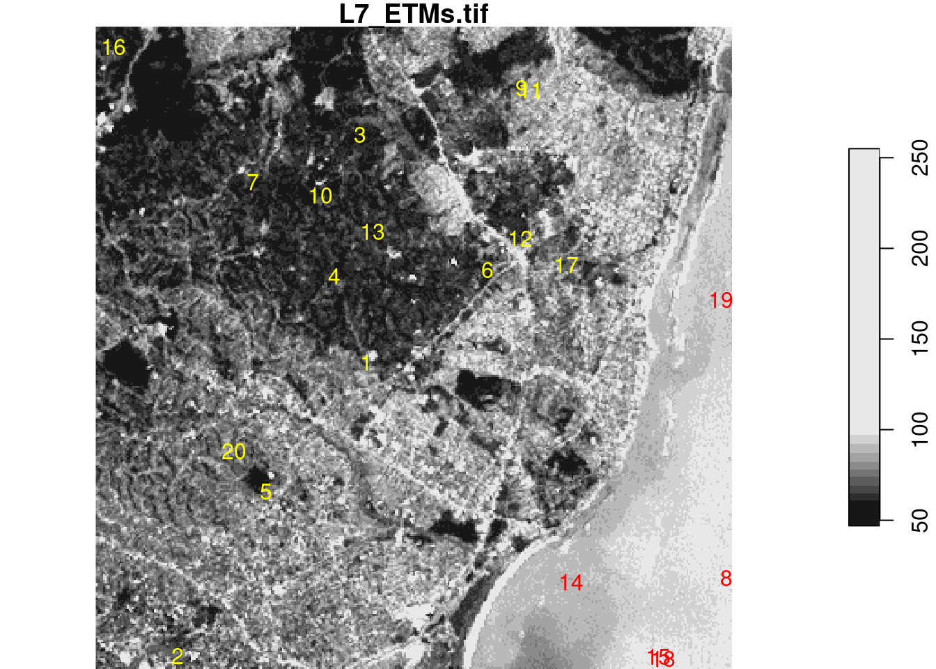 Randomly chosen sample locations for training data; red: water, yellow: land